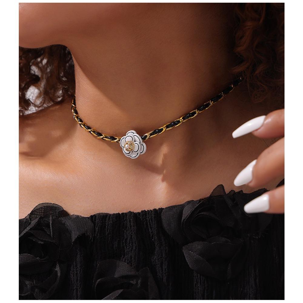 French Light Luxury Black Woven Leather Rope Titanium Steel Necklace Versatile Niche Camellia Shape Diamond Neck Chain Women