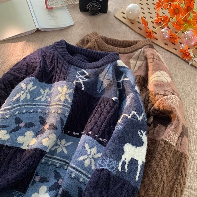 Vintage Patchwork Fried Dough Twists Round Neck Sweater Lovers Outfit Winter Port Style Graffiti Sweater Loose Pullover Lovers Knitwear Men and Women
