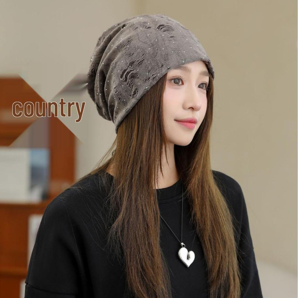 Versatile Rhinestone Loose Beanie for Women - Breathable, No Makeup, Large Head Fit, Fashionable Autumn Winter Head Wrap