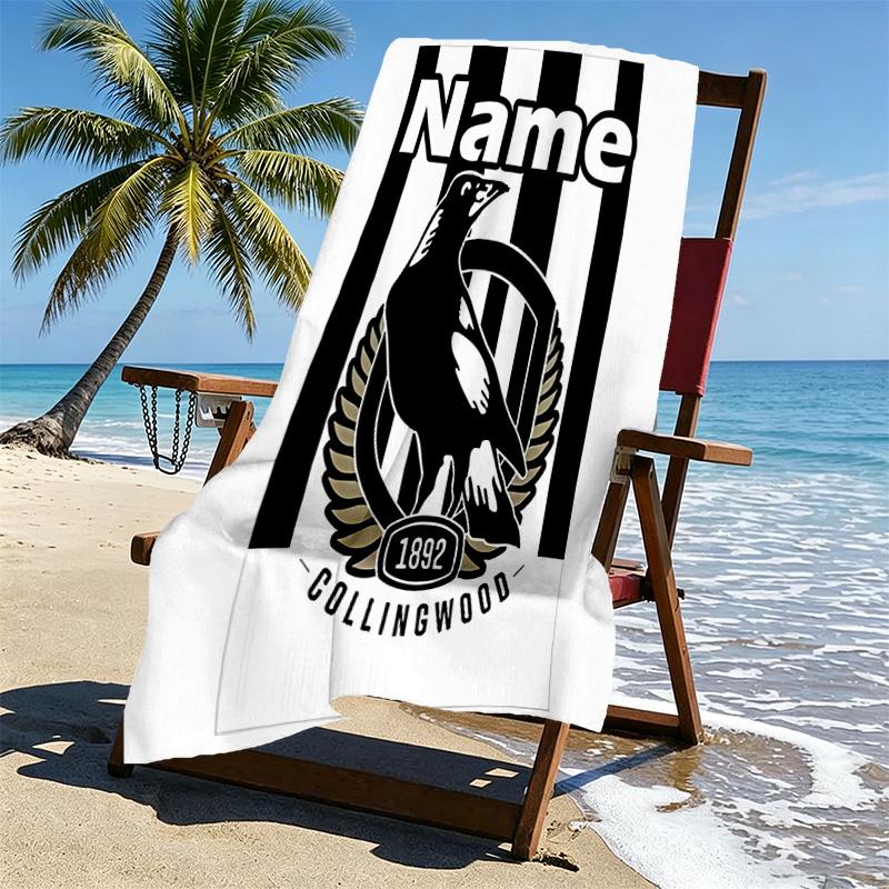 Personalisierbares Strandtuch mit individuellem Namen und Collingwood Magpies Print, für Reise, Camping, Strandparty, Heimdekoration, Geburtstagsgeschenk für Familie & Freunde