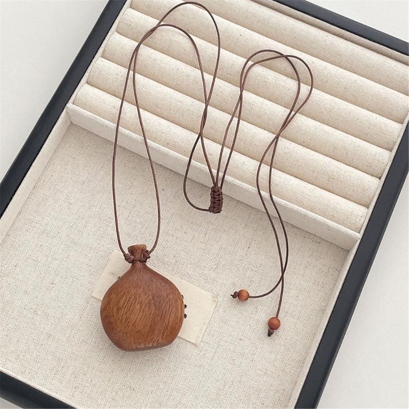 Vintage Wood Liquor Flask Pendant Necklace with Adjustable Slide Knots Wood Flagon Pendant Jewelry for Ethnic Fashion