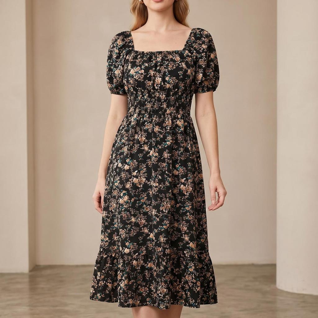 Women Square Neck Floral Print Short Sleeve Midi Dress with Ruffle Hem and Elastic Waist Casual Loose Fit Style