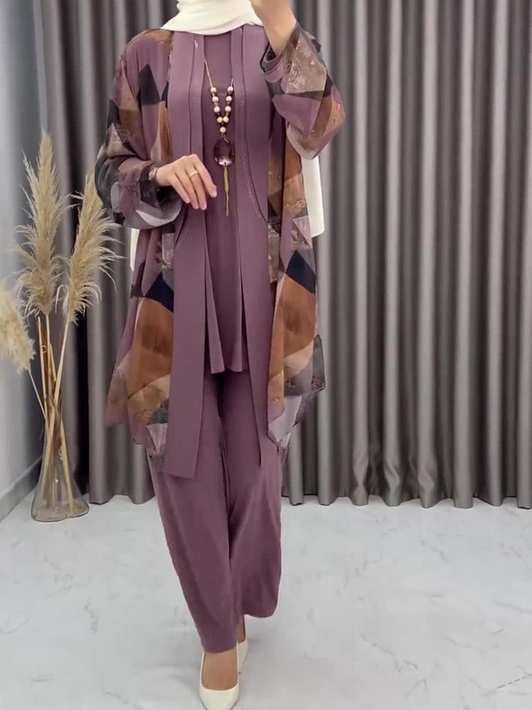 European & American Women's Summer Fashion: Light, Breathable 3-Piece Set with Printed High-Waisted Pants and Jacket.