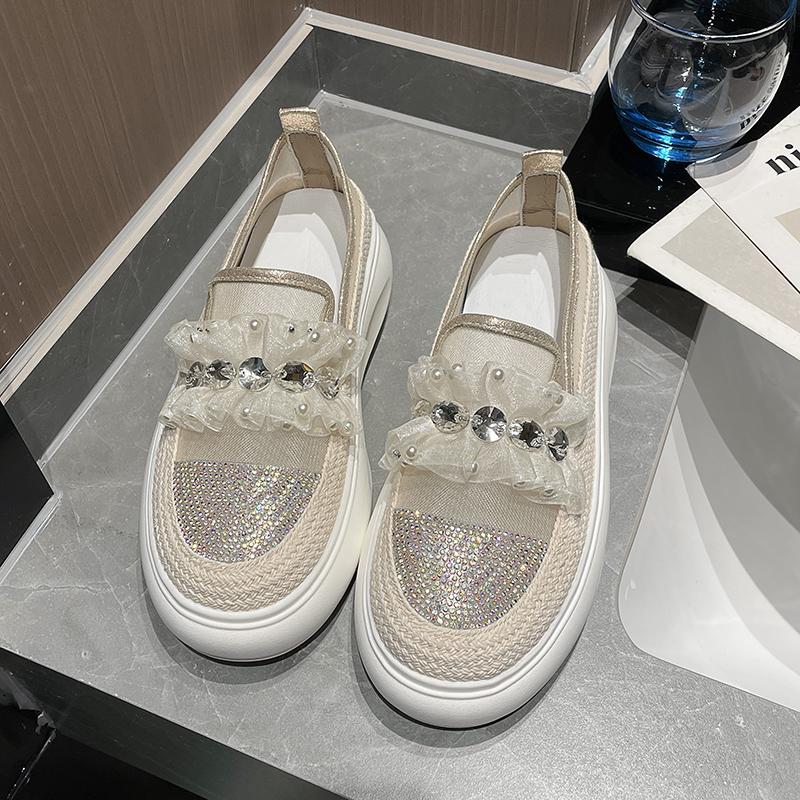 Espadrilles Femme Dentelle Cristal Mode Chaussures Diamants Mocassins de Pêcheur Dames Mocassins à Enfiler Ballerines en Caoutchouc Baskets Femme
