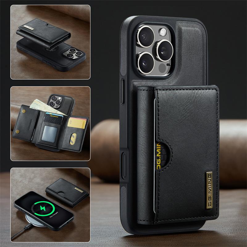 IPhone 17 Pro Max Air 16E 16 Plus 15 14 13 12 11 için Kablosuz Şarj Manyetik Kapaklı Deri Telefon Kılıfı 2'si 1 Arada Çıkarılabilir Cüzdan Kart Bölmeli Arka Kapak