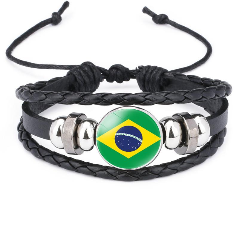 Unique South American Flag Time Gem Black Leather Multilayer Braided Bracelet