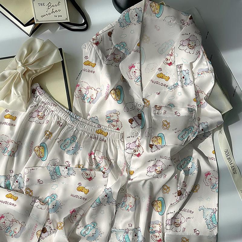 Cute Puppy Ice Silk Pajamas Women'S Age-Reducing Sweet And Thin Loungewear Set