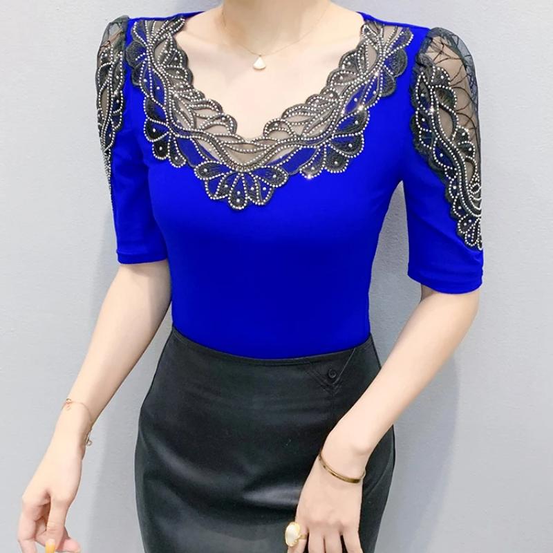 New Summer Luxury Shiny Hot Diamonds Women's Embroidery Flower T-Shirt Elegant V-Neck Lace Patchwork Tops Female Transparent Mid-Sleeve Tees