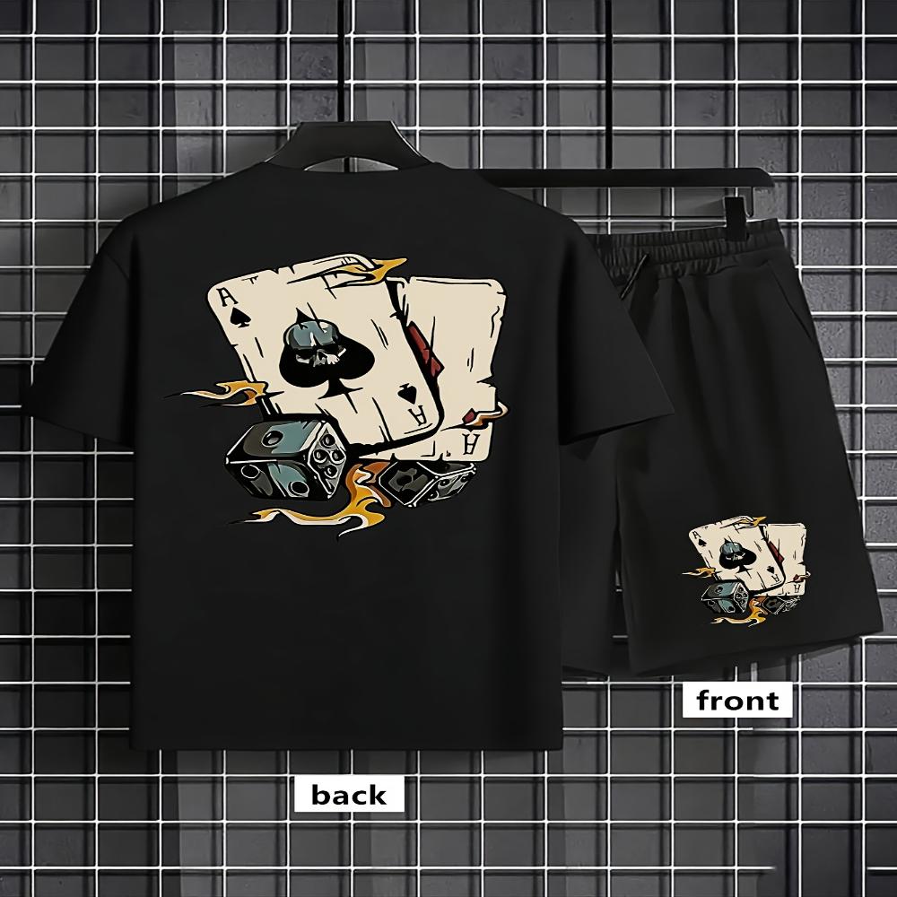 American men's summer fashion poker graffiti print comfortable breathable round neck T-shirt shorts set outdoor streetwear