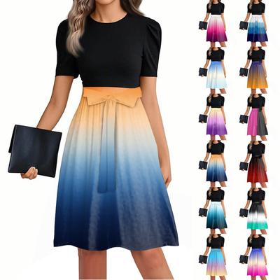 Women's Fashionable Casual Belt Short Sleeved Round Neck Printed Patchwork Dress