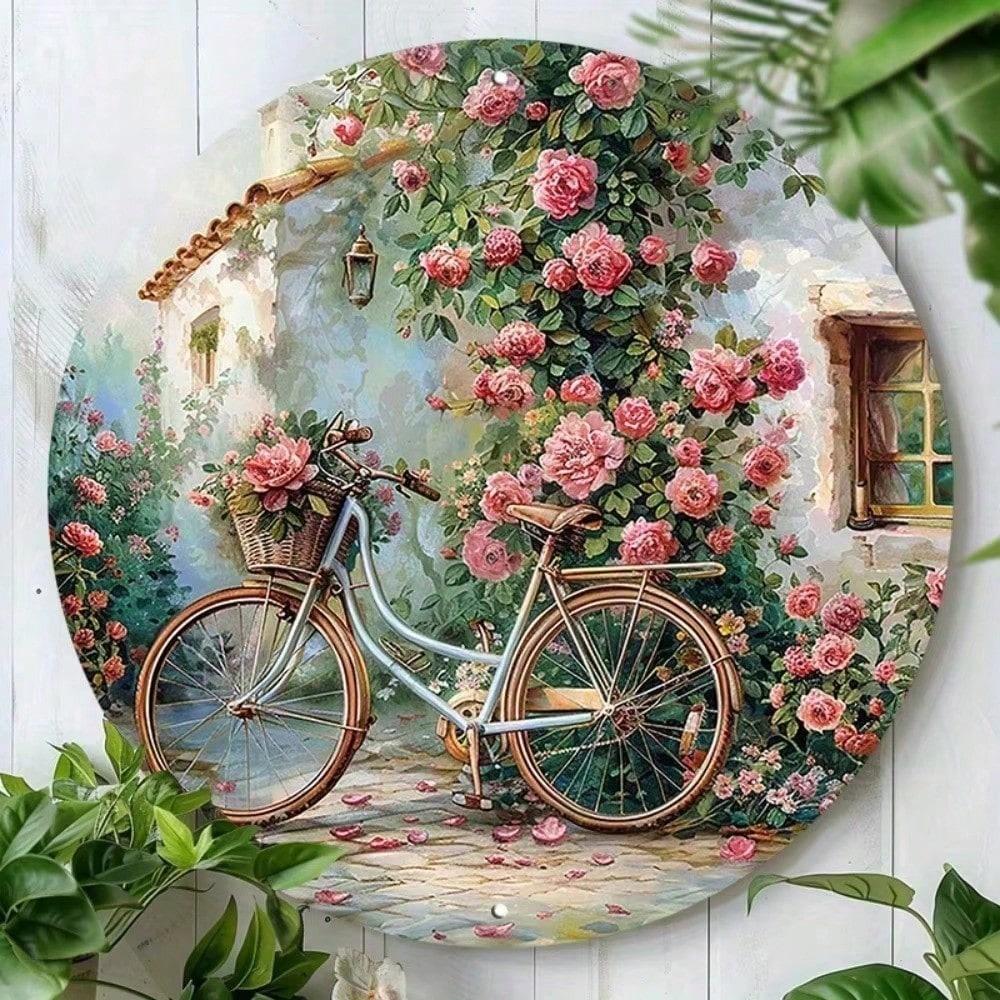 Metal Wall Art Vintage Rose Bicycle Round Decor for Garden