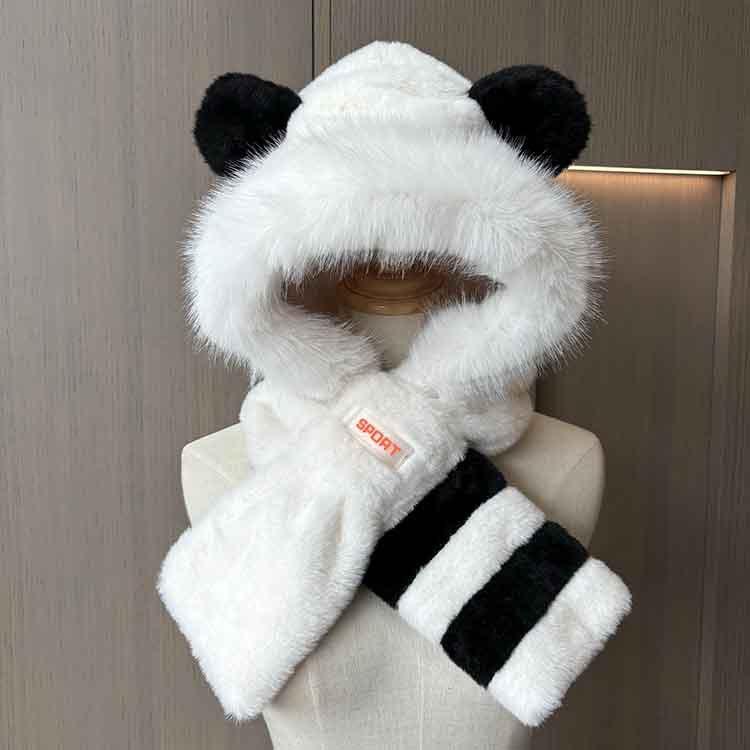Women's Autumn and Winter Velvet Warm and Cold Ear Protection Hat, Black and White Striped Bear Ear Hat, Scarf Integrated Two-piece Plush Hat
