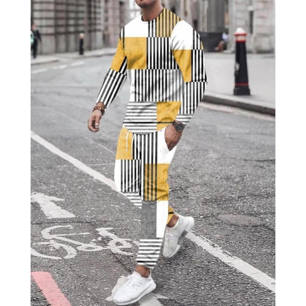 New Men's Long Sleeve T-Shirts Sets Abstract Pattern 3D Print Sports T-Shirt Pants Suit Fashion Tracksuit 2-Piece Jogger Outfits