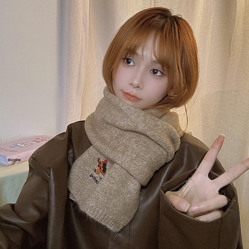 Falling Pool Knitwear: Women's Cute Puppy Embroidered Winter Scarf - Warm, Versatile Cartoon Neck Warmer