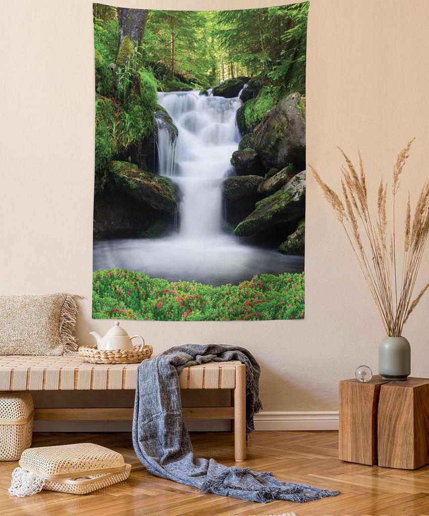 Fall Tapestry, Vibrant Misty Day in Forest Sun Rays Trees Foliage Fallen Leaves Calm View, Wide Wall Hanging for Bedroom Living