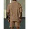 Men Cable Knit Texture 2 Piece Outfit Short Sleeve Polo Shirt And Casual Shorts Set