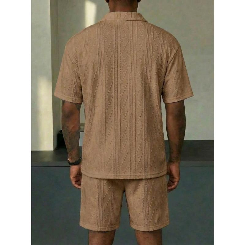 Men Cable Knit Texture 2 Piece Outfit Short Sleeve Polo Shirt And Casual Shorts Set