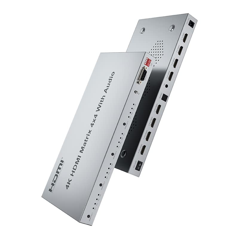 4K HDMI Matrix 4X4 with Audio Extractor HDMI Matrix Switch 4x4 HDMI Matrix Switcher Splitter Selector Box Support HDR 18Gbps EDID RS232 4K@60Hz 2.0