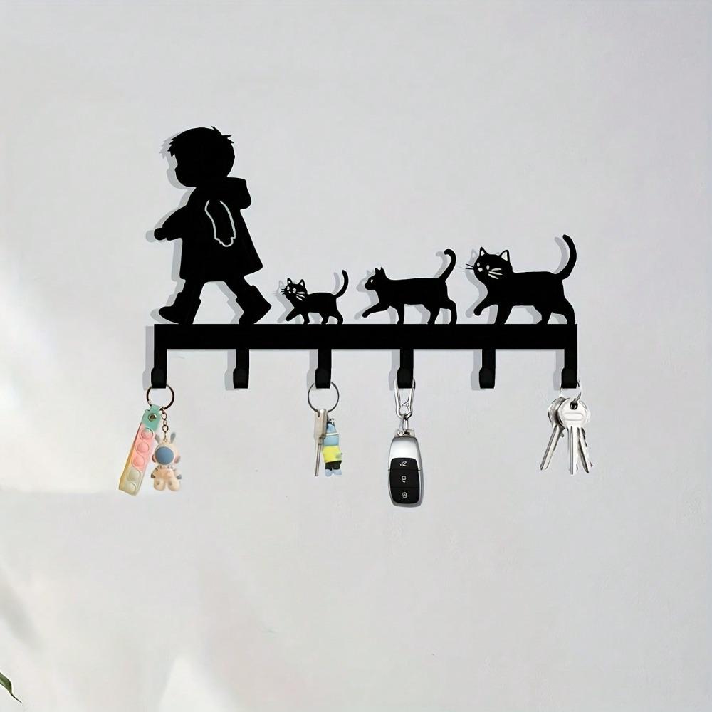 Cute Cat Key Holder Black Metal Wall Mount Home Decor