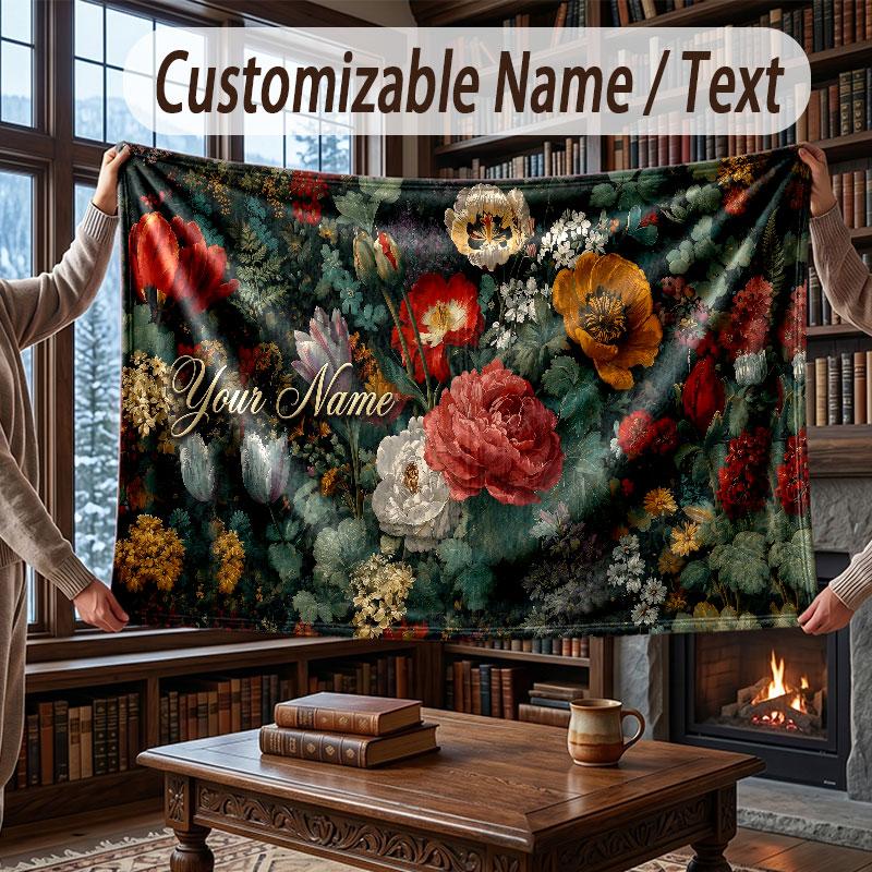 Floral Garden Theme Throw Blanket Custom Name Text Personalized Blanket Soft Cozy Blanket for Home Sofa Bed