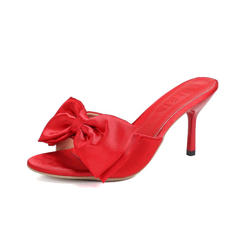 Fashion Stiletto Open Toe One Bow Slippers Women's Summer New Outside Wear Round Toe Anti-slip Wear-resistant High Heels