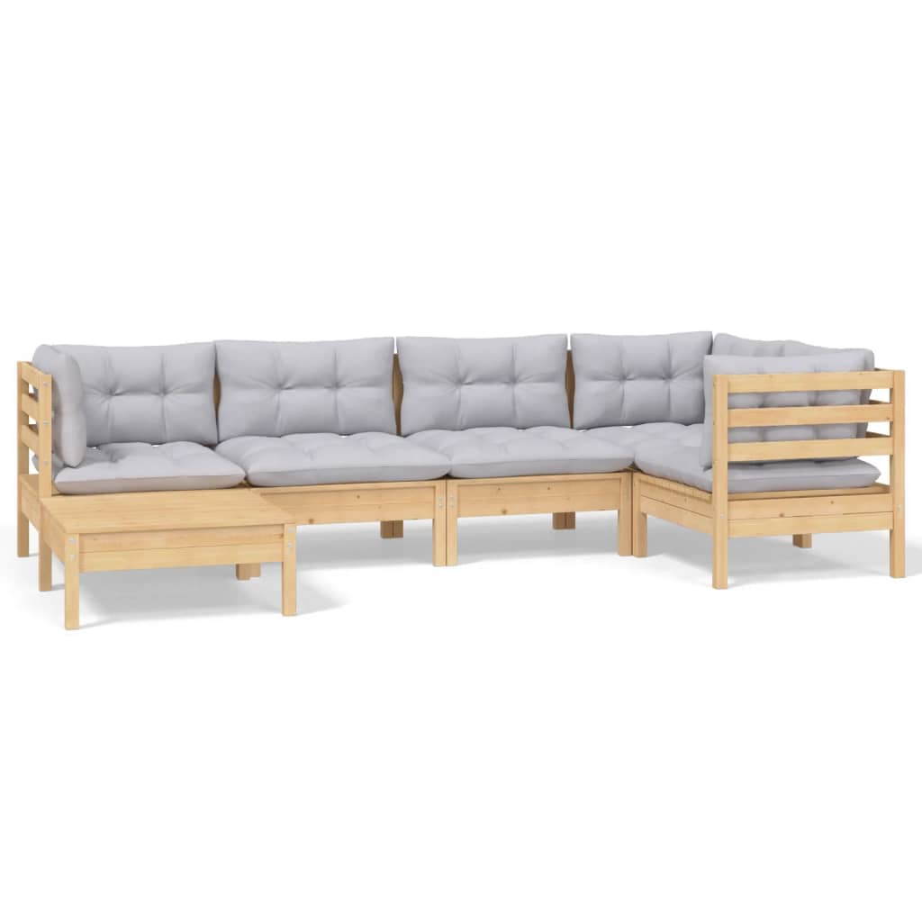 Vidaxl 6-Cz. Garden Lounge Set, Grey Cushions, Pine