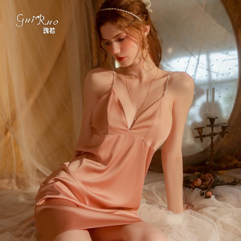 Women's Silky Satin Deep V Low Cut Backless Cami Sleep Dress Set