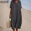 QICED Women's Fashion Summer Spring Solid Color Print Short Sleeve V-Neck High Waist Casual Dresses