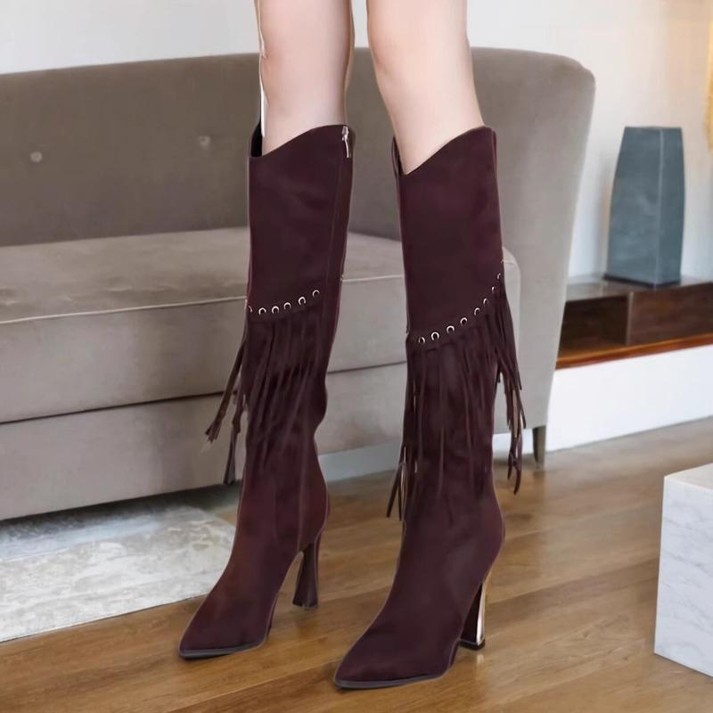 Autumn and winter new women's boots versatile wind knight boots fringed pointed head thin heel high heel boots women