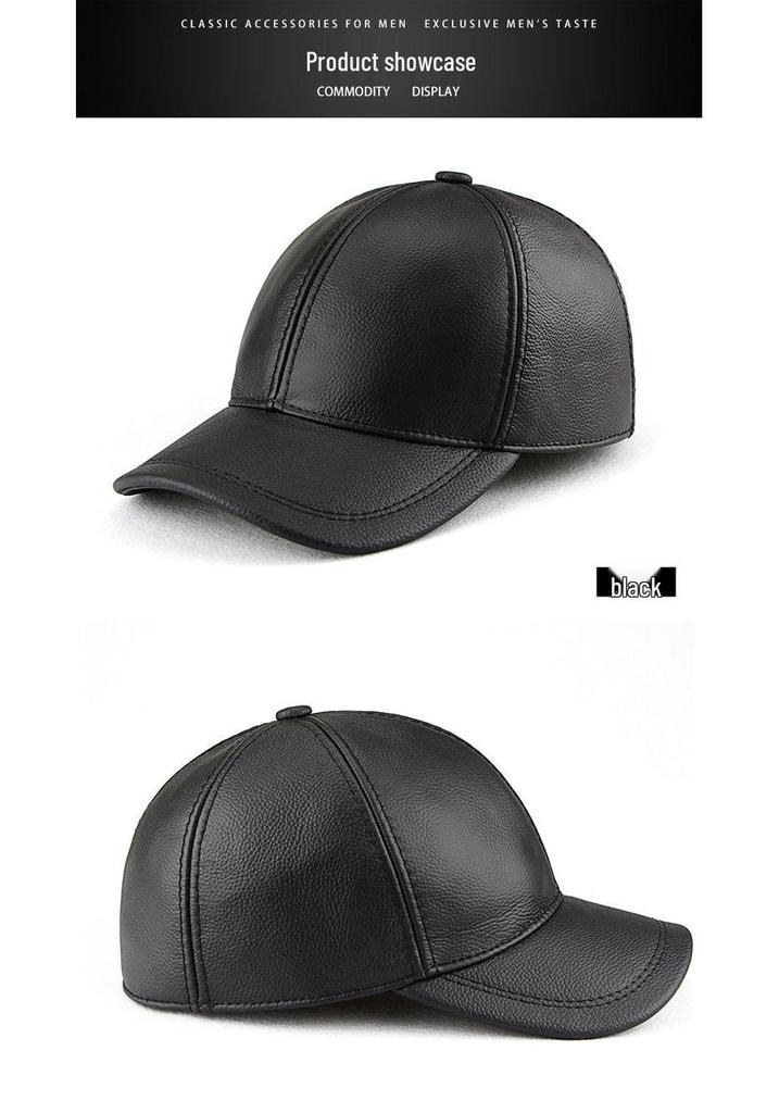 Men's Genuine Leather Baseball Cap - Winter Warm Flat Cap for Middle-Aged & Elderly
