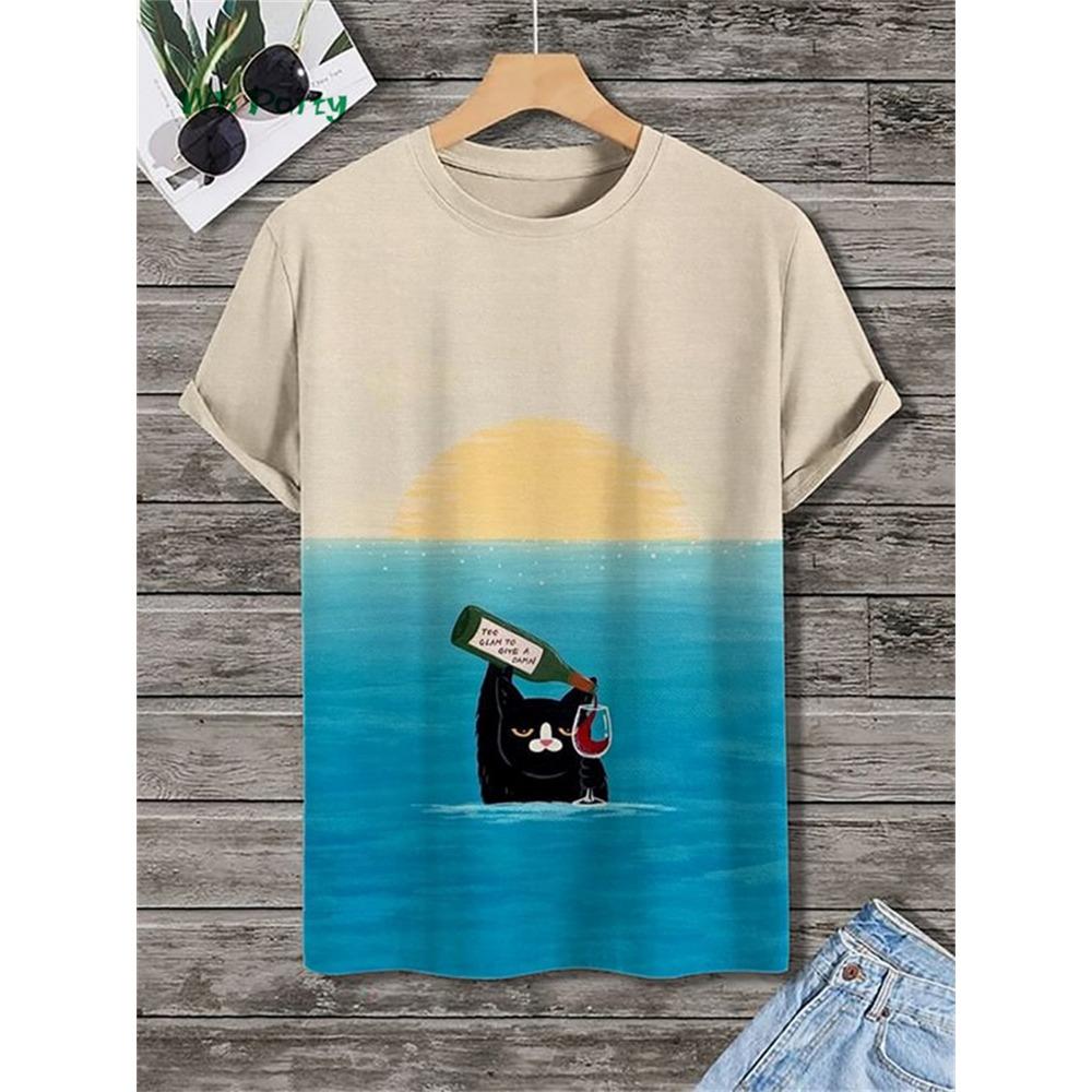 Men's Funny Cat Print T-shirt, Fashionable Personality Short Sleeve T-shirt, Plus Size Tops For Party And Street, Men's Casual Summer Clothing