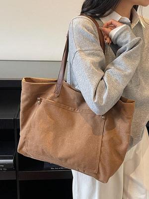 Women's Literary Retro Large Capacity Shoulder Tote - Solid Color, Versatile Style for Students and Commuters