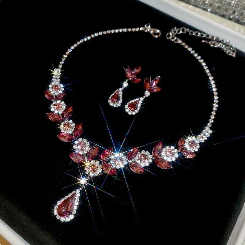 Diamond-encrusted Flower Wheat Stud Earrings Necklace Court Style Light Luxury High-end Jewelry Set Elegant Temperament Versatile Jewelry