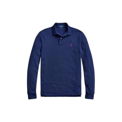 Polo Einfarbiges Logo Gestickt Slim Fit Langarm Poloshirt Herren Oberteile Marineblau MNPOKNI16820857-410