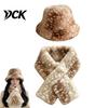 Brown White Gradient Hat Women Spotted Deer Hat, Faux Fur Bucket Winter Scarf, Soft Cozy Furry Fisherman for Girls, Autumn Accessory Cute Aesthetic