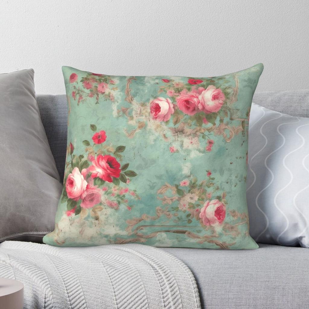 Flowers Shabby Rustic Roses Square Pillowcase Polyester Linen Velvet Printed Zip Decorative Throw Pillow Case Sofa Cushion Cover