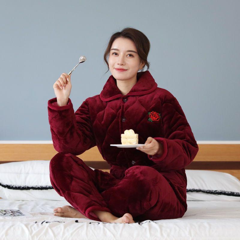 Pajamas women's three-layer thickened and cute winter can wear large-size warm padded loungewear