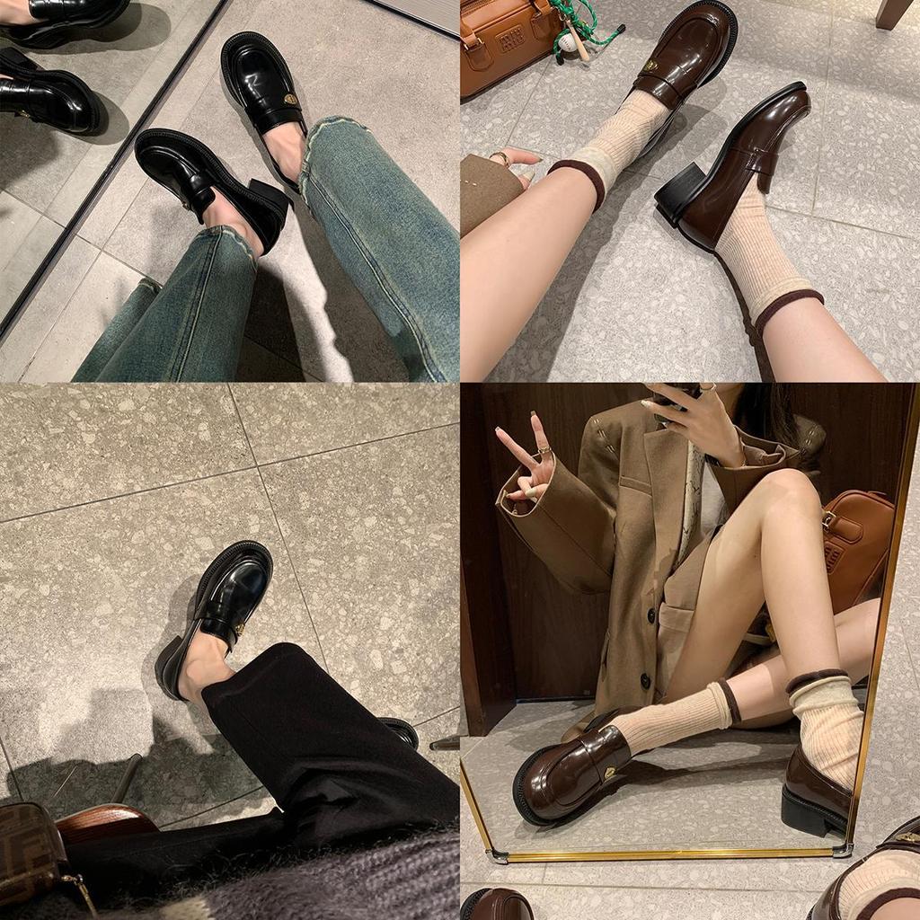 Studiolee new leather versatile round head gold buckle one pedal thick heel loafer small leather shoes women's autumn