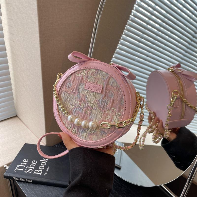 Niche bead chain round cake bag women's new fashionable versatile small round bag casual texture shoulder messenger bag