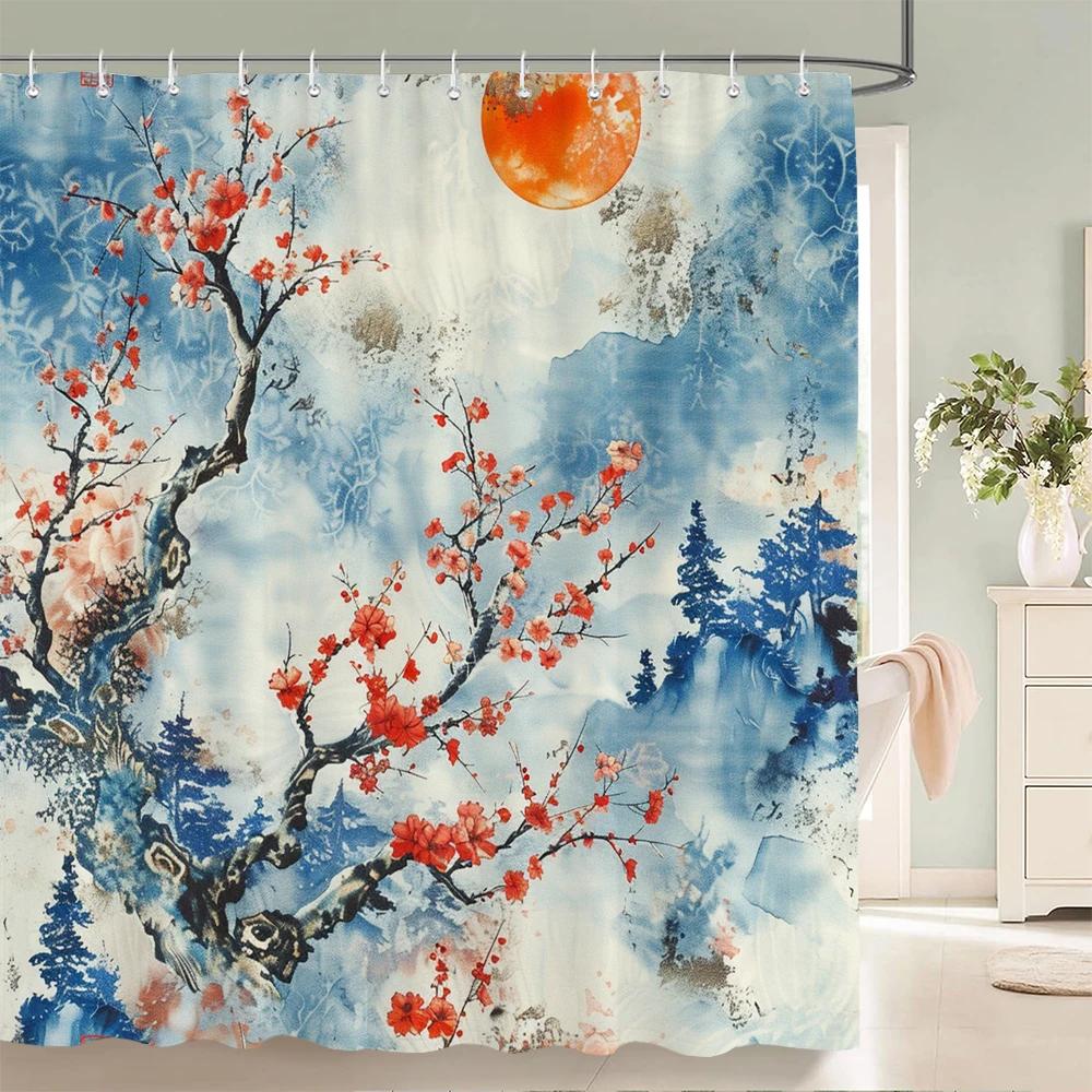 Japanischer Stil Blumen Vogel Duschvorhang Abstrakt Berg Rot Floral Pflanze Tuschekunst Landschaft Stoff Dekor Badezimmervorhänge
