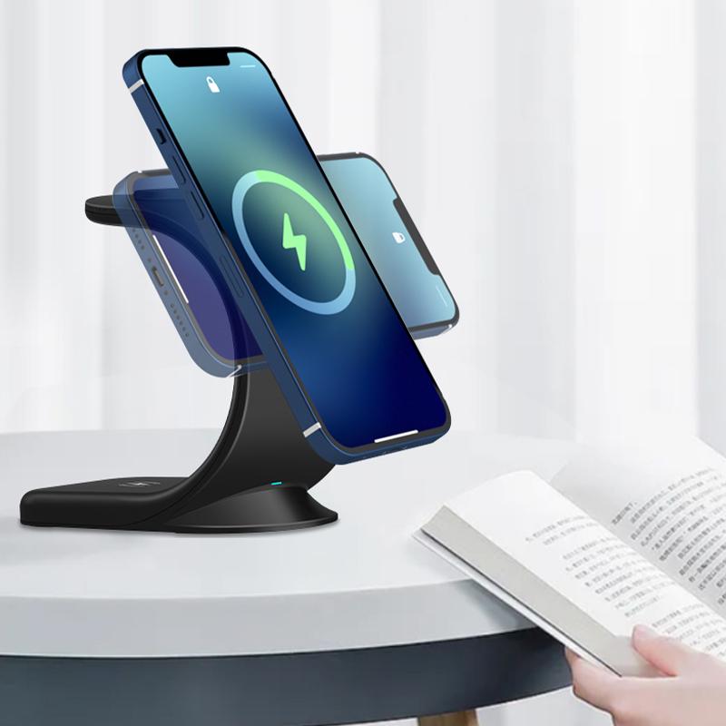 

OJD-83 3-in-1 15W Magnetic Wireless Charger Desktop Charging Stand Dock for iPhone 12 Series Apple Watch AirPods Black