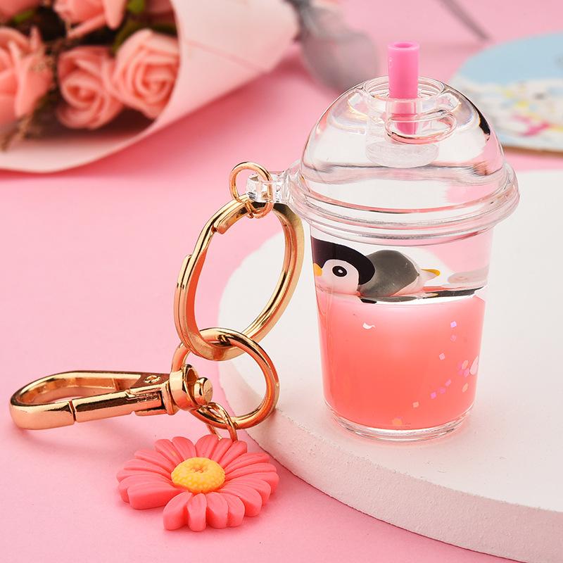 Creative Acrylic Milk Bottle Tortoise Penguin Keychain Simulation Cup Liquid Quicksand Key Chain Women Couple Bag Charm Keyring