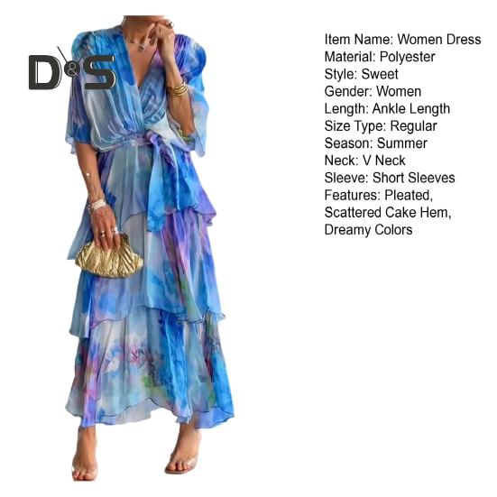 Women Dress Multi-layered Scattered Cake Hem Pleated V Neck Dreamy Colors Ruffle Lace-up Slim Waist Bat Sleeve Evening Dress Beach Party Prom Maxi