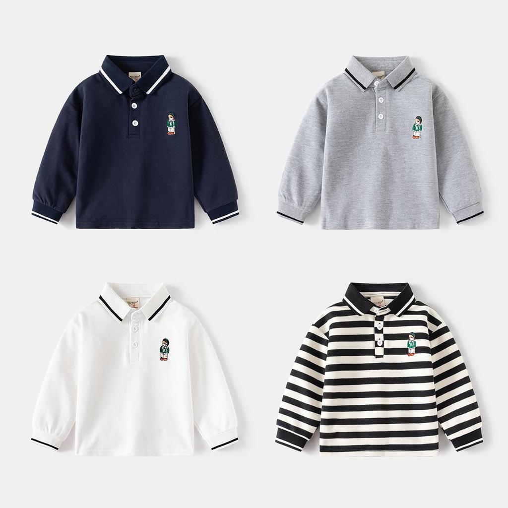 Spring 2024 Boys' Long-Sleeve Polo Shirt - Trendy Lapel Top for Children