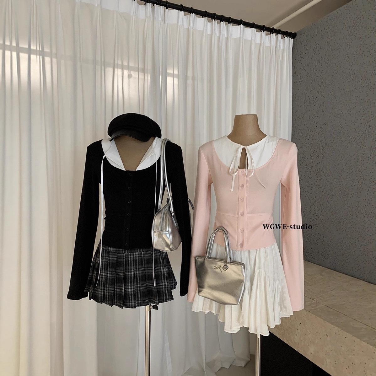 WGWE8206 Ruffled Color Block Long Sleeve Slim T-Shirt M - No returns розовый