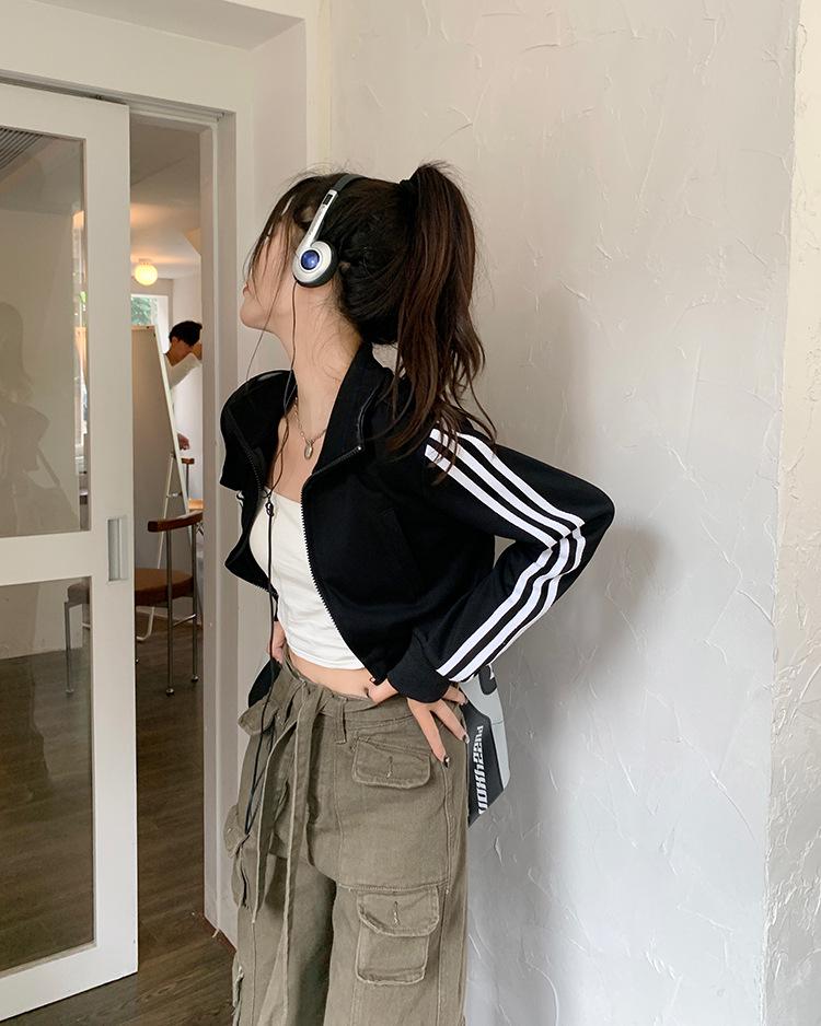 Women's Slim-Fit American Retro Three-Stripe Long-Sleeve Sporty Zip-Up Jacket with Stand-Up Collar