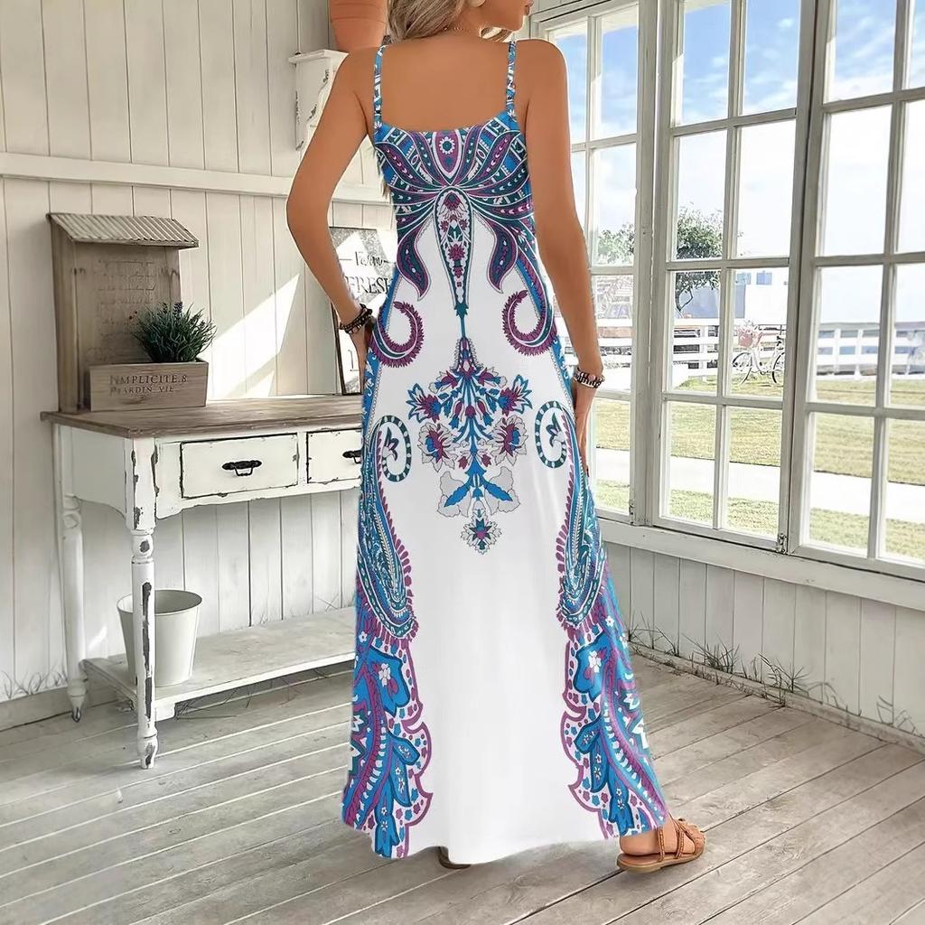 Women's Bohemian Paisley Print V Neck Spaghetti Strap Maxi Dress Casual A Line Long Sundress