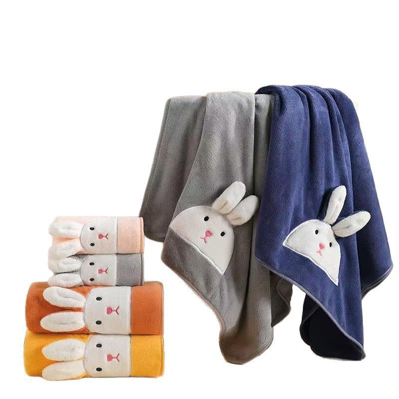 Coral Fleece Cartoon Rabbit 3D Quick-Dry Absorbent Bath Towel Set for Kids & Couples