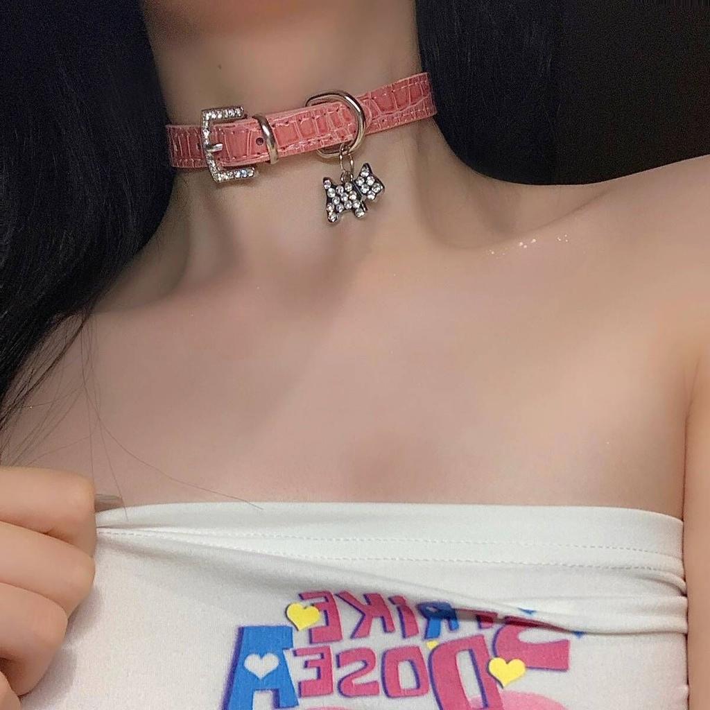 Pink Diamond Y2K Babes Sweet Cool Neck Ring Choker Neck Chain Collar Punk Wind Collarbone Chain Female Necklace Dog