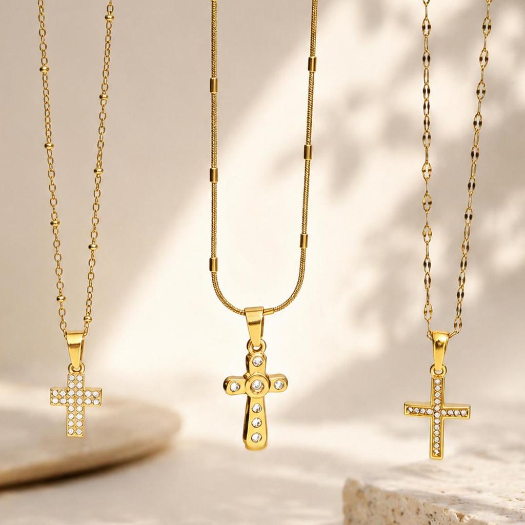 Elegant Women's Diamond Inlaid Cross Necklace with Stainless Steel Clavicle Chain